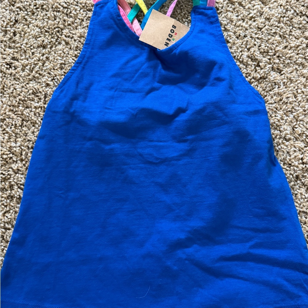 Mini Boden Blue Polka Dot Mermaid Dress with Multicolor Appliqué